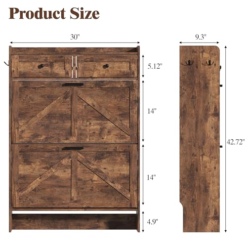 Thacuok Shoe Cabinet with 2 Flip Drawers & 2 Storage Drawers, Rustic Farmhouse Narrow Shoe Organizer Cabinet, Slim Shoe Rack Cabinet, Shoe Storage Cabinet for Entryway, Hallway - color: Brown, size: 2 Drawers