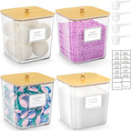 4 Pack Clear Laundry Pod Container, Laundry Room Organization Containers with Wooden Lids & Labels - Large Detergent Powder Storage for Room Organization, Scent Booster Holder - style: 4 Pack