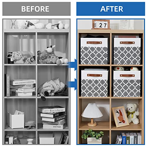 Temary 11x11x11 Cube Storage Bins Cube Organizer Bins 4 Pack Canvas Storage Bin for Home, Cube Storage Basket with Leather Handles(Grey Lattice) - color: Grey Lattice, size: 11×11×11