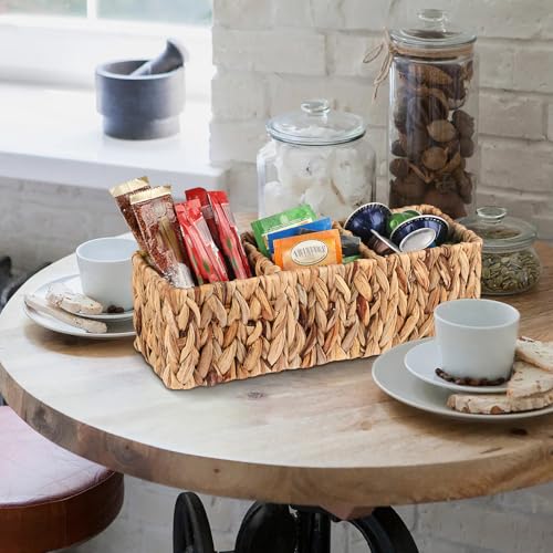 BTSKY Handwoven Remote Control Holder for Table, Natural Water Hyacinth Remote Control Caddy Small Wicker Storage Basket, 3-Compartment Office Supplies Desk Organizer Rustic Makeup Brushes Holder - size: 3-Slot