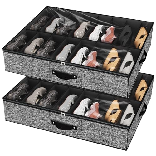 homyfort 32 Pairs Shoe Organizer Under Bed, Underbed Shoe Storage Boxes Bins, Organizador De Zapatos, Extra Large Zapateras Organizer, Black, Set of 2 - color: Black, style: 32 Pairs Shoes