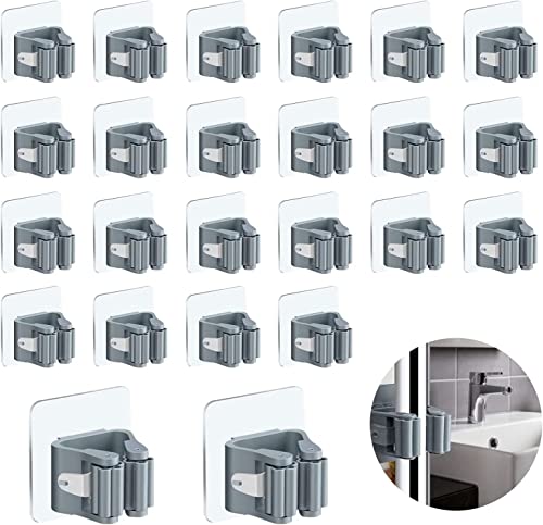 3-H 25-Pack Self Adhesive Broom Holder Wall Mount - Heavy Duty No Drill Broom Organizer for Garage Closet Kitchen, Plastic Storage Rack for Brooms Mops Tools, Peel and Stick Adhesive - color: Grey, size: 25
