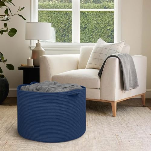 MEGASKET 115L Dark Blue Basket for Organizing, 23.6" x 15.7" XXXL Woven Cotton Rope Laundry Basket, Oversized Blanket Storage for Living Room Bedroom, Kids Toy Box Organizer, Pool Towel Storage Bin - color: Dark Blue, size: 23.6"x23.6"x15.7"