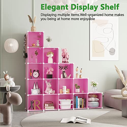 C&AHOME Cube Storage Organizer, 16-Cube Shelves Units, Plastic Storage Cubes, DIY Closet Organizer, Modular Closet Storage Shelves Ideal for Home, Bedroom, 48.4" L × 12.4" W × 48.4" H Pink UPCS16P - color: Pink