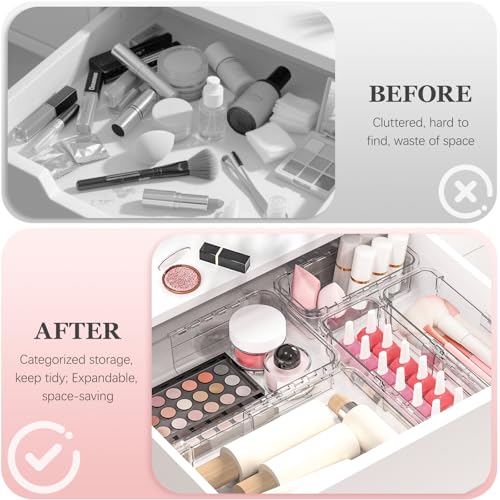 DILIBRA 12 Pcs Clear Extendable Drawer Organizer, Adjustable Drawer Storage 2-Size Desk Drawer Organizer, Plastic Non-Slip Storage Bins for Makeup Cosmetic Jewelries Utensils Stationery Dressers - size: 4Pcs Large + 8Pcs Medium