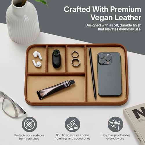 Nordik Leather Valet Tray - Sand Brown - 11.8x7.9 Inch Large Vegan Leather Tray - Stylish Nightstand Organizer for Men - Modern Bedside Caddy - EDC Catchall for Key Watch Wallet Jewellery - color: Sand Brown, size: 11.8in x 7.9in