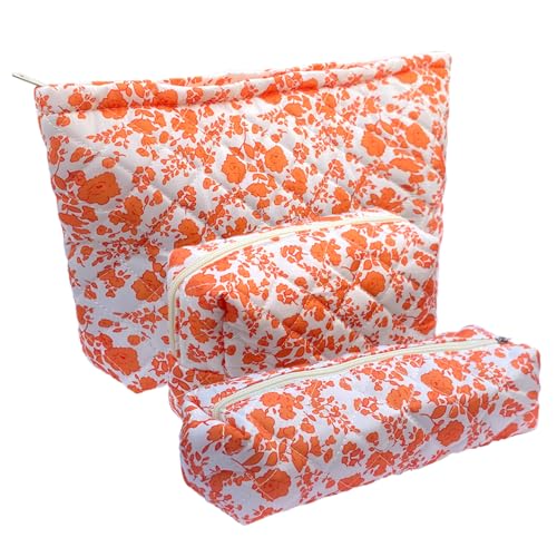 3 Piece Orange Quilted Floral Makeup Bag Set Small Cosmetic Bag For Women Cute Cotton Makeup Pouch For Purse - color: New 3Pcs orange