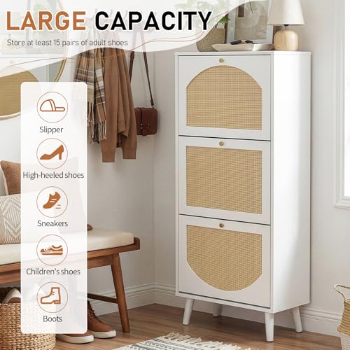 Karl home Shoe Rack Storage Organizer, Rattan-Panel 3-Tilt-Out Shoe Storage Cabinet, Hidden Shoe Storage for Entryway,Ideal for Heels,Slippers,Casual Shoes, White - color: White, size: 3-Tilt-Out