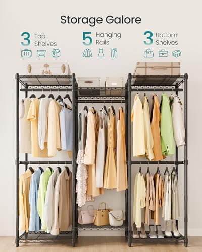 SONGMICS Heavy-Duty Clothes Rack, Garment Rack, Portable Closet, 56.9-Inch Wide Clothing Rack, with Adjustable Mesh Shelves and Hanging Rails, Ink Black ULGR432B01 - color: Ink Black, size: 56.9"L x 76"H, style: Without Fabric Cover