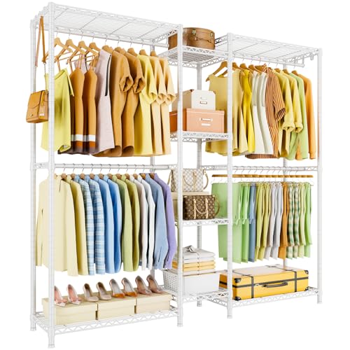 Ulif E4 Clothes Rack, Heavy-Duty Garment Rack, Metal Freestanding Clothing Organization Storage System Can Be L-shaped with Shelves and Hangers, Max Load 962lbs, 71.6" W x 14.5" D x 79.3" H, White - color: White