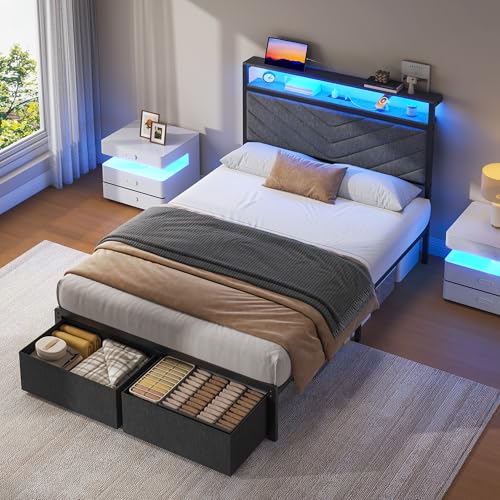 Fluest Twin Bed Frame with Storage Drawers, Upholstered Headboard with Charging Station, LED Lights, Fabric Drawers with Wheels, Under Bed Storage, No Box Spring Needed, Easy Assembly, Grey - size: Twin