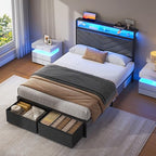 Fluest Twin Bed Frame with Storage Drawers, Upholstered Headboard with Charging Station, LED Lights, Fabric Drawers with Wheels, Under Bed Storage, No Box Spring Needed, Easy Assembly, Grey - size: Twin