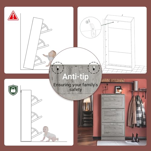 Haotian Shoe Storage Cabinet Entryway, Freestanding Shoe Cabinet with 3 Flip-Drawers Fully Enclosed Tall Shoe Rack Shoe Organizer, Grey, FSR137-L-HG - color: Grey, size: 3-Drawers