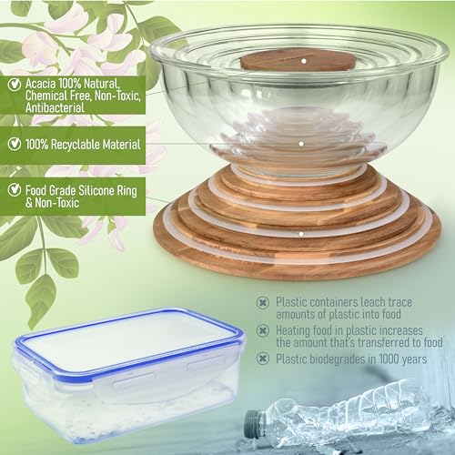 Set of 5 Nesting Glass Bowls with New Updated Acacia Lids for Foodprep, Storage, Mixing & Cooking - Microwave & Oven-ready BPA Free Durable Heat Resistant Inert Borosilicate Glass - color: 5 Mixing Bowls with Acacia Lids