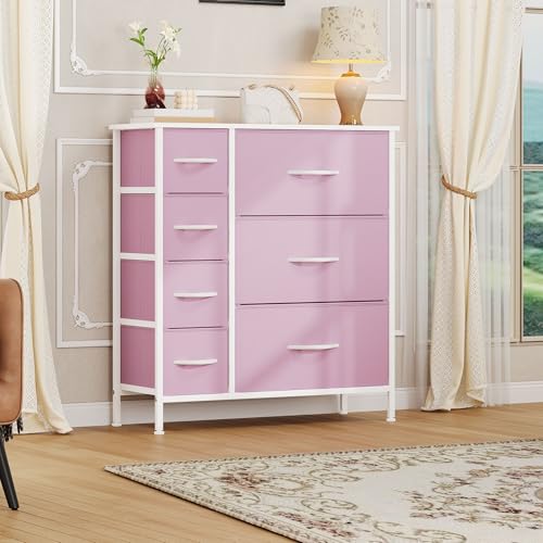 DWVO Dresser for Bedroom, 7 Drawers Fabric Dresser, Organizer Unit for Living Room, Hallway, Closets - Sturdy Steel Frame, Wooden Top & Easy Pull Fabric Bins, Pink - color: Pink, style: 7-Drawer