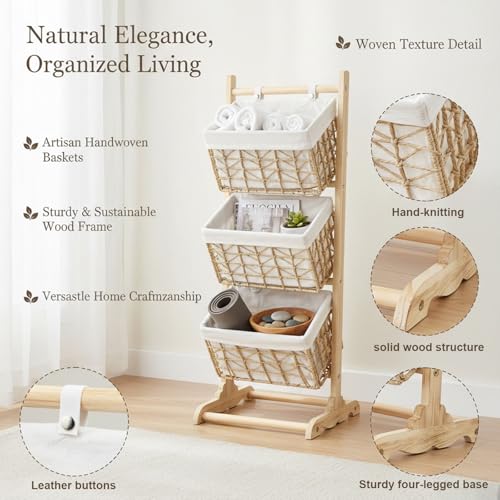 Three-Tier Floor-Standing Storage Rack, Hand-Woven Storage Basket, Vertical Storage Rack, Retail Display Rack Diaper Storage Suitable for Bathroom, Kitchen, Laundry Room, Living Room