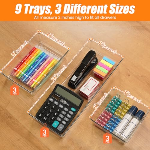 9 Pack Clear Plastic Drawer Organizer Set, Acrylic Non Slip Non Cracking Kitchen Drawer Storage Tray Large Size Divider, Multifunctional Storage for Cosmetics, Bathroom, Tools, Kitchen and Office - size: 9 PACK