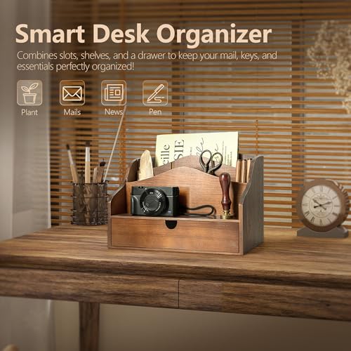 Pine Wood Mail Organizer for Desk - Rustic Mail Sorter with Drawer & Dividers - 4-Slot Mail Sorter for Letters, Files & Small Essentials - Wooden Desk Organizer for Farmhouse Home Decor (Brown) - color: A-Brown