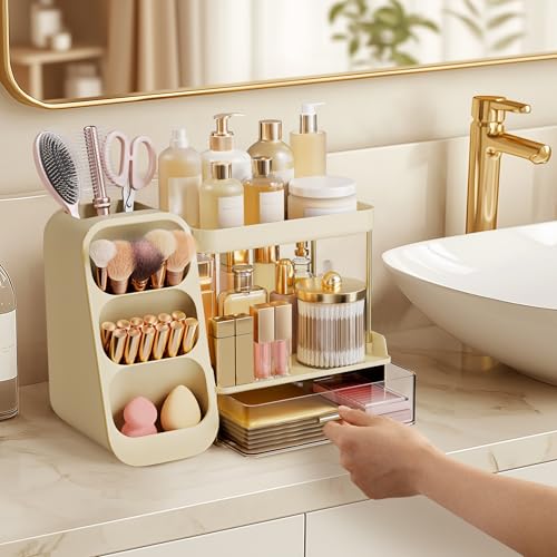 HBlife Bathroom Organizers and Storage with Brush Holder for Vanity, 3 Tier Plastic Makeup Organizer for Dresser Counter, Skincare, Lipstick, Perfume, and Cosmetic Storage, Beige - color: Beige, size: Medium