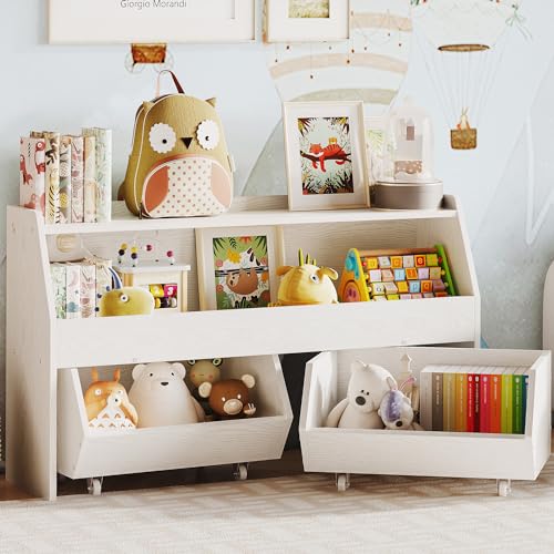 Fulhope Toy Storage Organizer for Kids, Toy Storage Cabinet with Drawers, Boys and Girls Toy Shelf with Wheels, Toy Organizer Kids Bookshelf with Storage for Nursery, Playroom, Bedroom (White) - color: White