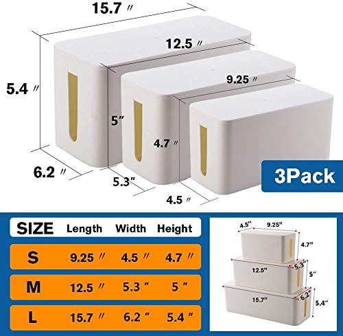 [Set of Three] Cable Management Boxes Organizer, Large Storage Wires Keeper Holder for Desk, TV, Computer, USB Hub, System to Cover and Hide & Power Strips & Cords (Ice White) - color: White