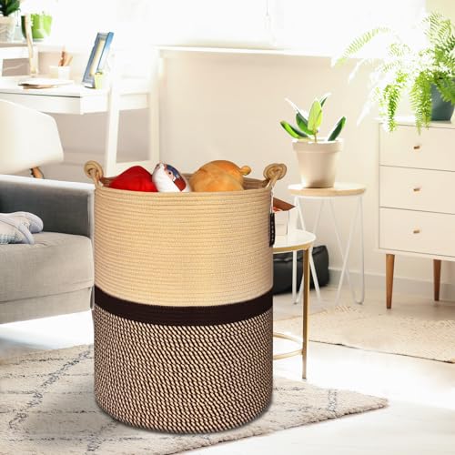 COMSE Extra Large Blanket Basket, Tall Woven Storage Basket, Nursery Hamper, 15.7”x 21.7”, Cotton Rope Laundry Hamper for Toys Clothes Towels, Blend Brown/Black - color: Blend Brown & Black