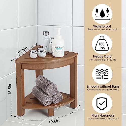 Apolimi HDPE Corner Shower Stool,Shower Bench Seat with Storage Shelf for Shaving Legs Plastic Spa Bath Step Foot Rest for Bathroom Small Place (Teak) - color: Teak