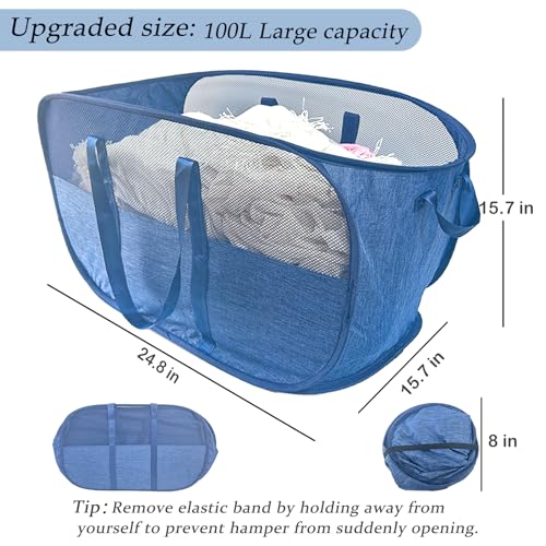 Extra Large Mesh Pop Up Laundry Hamper, 100L Collapsible Laundry Basket, Dirty Clothes Hamper with Reinforced Handles, Storage Bins for Shelves, Dorm or Home Portable Stair Laundry Basket. Blue - color: Blue, size: Single Standard