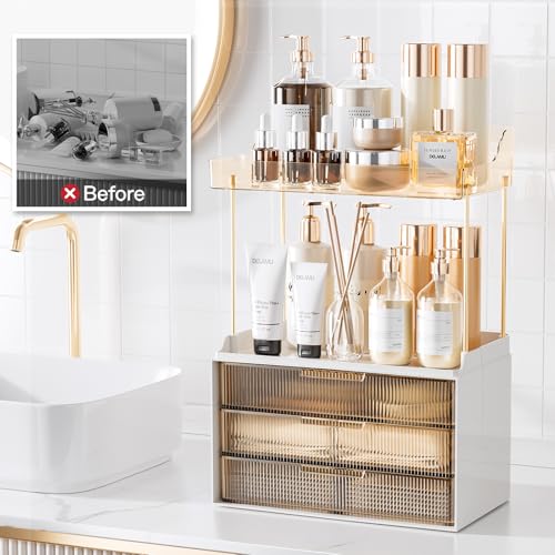 Delamu Bathroom Organizers and Storage, 2 Tier 3 Drawer Makeup Organizer Countertop, Easy to Install, Ideal for Bathroom Counter, Vanity, Ideal for Women Girls, Amber - color: Amber, size: 3Drawers 1 Pack