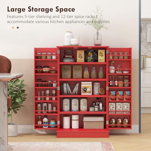HOMCOM 41" Kitchen Pantry Storage Cabinet, Freestanding Kitchen Cabinet with 12 Door Shelves, Double Doors, 5-Tier Shelving and Adjustable Shelves, Red - color: Red, size: 41"H
