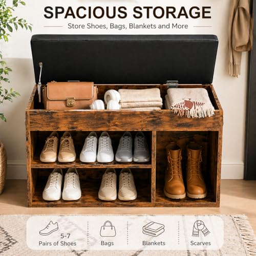 HOOBRO Shoe Storage Bench with Cushion, 32.3'' Entryway Bench with Lift Top Hidden Storage and Adjustable Shelves, Wooden Shoe Rack Bench for Entryway Bedroom, Rustic Brown and Black BF40HX01 - color: Rustic Brown + Black
