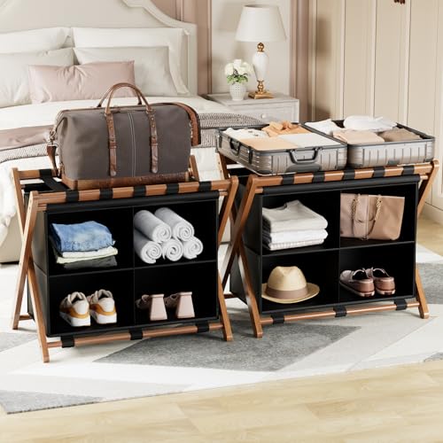 Bamboo Luggage Rack 2 Pack with 4 Storage Compartments, Foldable Suitcase Stand for Guest Room, 150lbs Capacity, Sturdy, Space-Saving and Easy to Assemble Organizer - color: Walnut 2 Pcs
