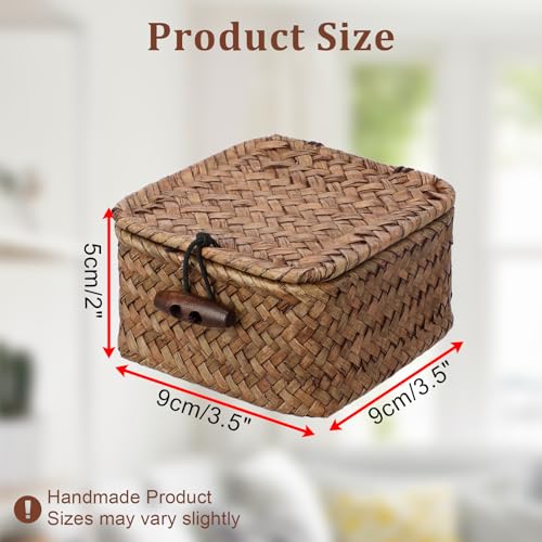 Mini Seagrass Basket Handwoven Small Wicker Basket with Lid Square Portable Storage Baskets for Key Jewelry Decorative Organizer Box for Shelf, 3.5"L x 3.5"W x 2"H - size: 3.5"L x 3.5"W x 2"H