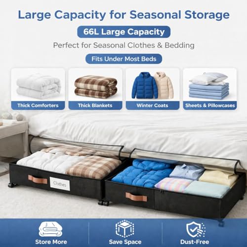 Under Bed Storage with Wheels, Under Bed Storage with Dividers, 66L Rolling Organizer with Clear Lid and 3 Compression Bags for Clothes, Blankets, Bedding and Shoes