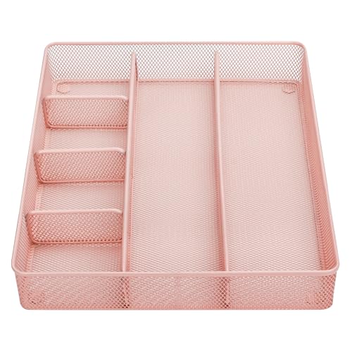 Annova Desk Top Organizer Tray for Office Organization - Metal Mesh - Storage Tray with Dividers for Pens, Desktop Accessories, Bathroom, Kitchen, Makeup and Office Supplies (Large, Light Pink) - color: Light Pink, size: Large