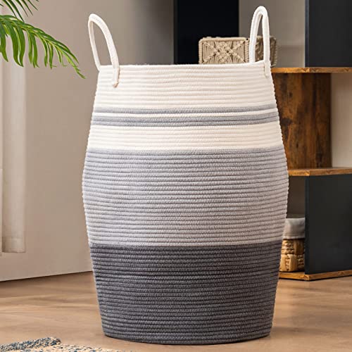 Cotton Rope Laundry Hamper by YOUDENOVA, 105L - Woven Collapsible Laundry Basket - Clothes Storage Basket for Blankets organizing, Bedroom Storage, Clothes Hamper – Grey - color: Dark Grey