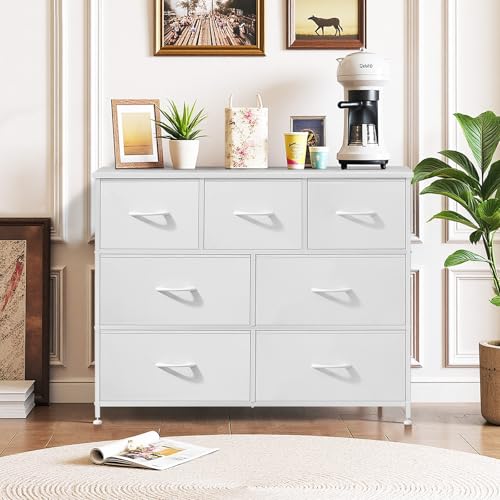 7-Drawer Dresser for Bedroom, Anti-Tip Wide Storage Organizer Fabric Chest of Drawers TV Stand for 45" TV with Wooden Top and Metal Frame for Closet, Living Room, Hallway, Entryway, White - color: White, size: 11.8"D x 39.3"W x 30.3"H (7 Drawers)