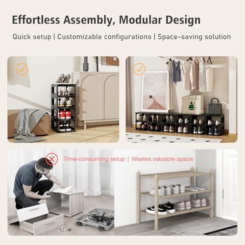 SEE SPRING 5-Tier Stackable Shoe Rack Organizer – Plastic Shoe Storage Shelf for Entryway, Closet, Bedroom – Holds Size 13 Shoes, Space-Saving & Sturdy (Black) - color: Black