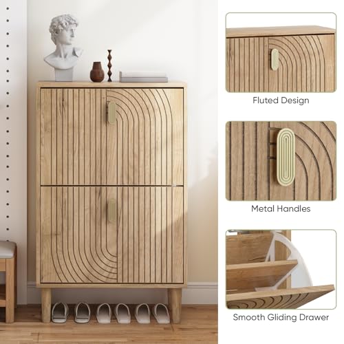 Smuxee Shoe Cabinet with 2 Flip Drawers, 23.6" Oak Hidden Shoe Storage Cabinet with Line Groove Design, Freestanding Shoe Organizer Cabinet for Entryway, Hallway, Living Room - color: Oak With Flip Drawers, size: 23.6" (60 cm)