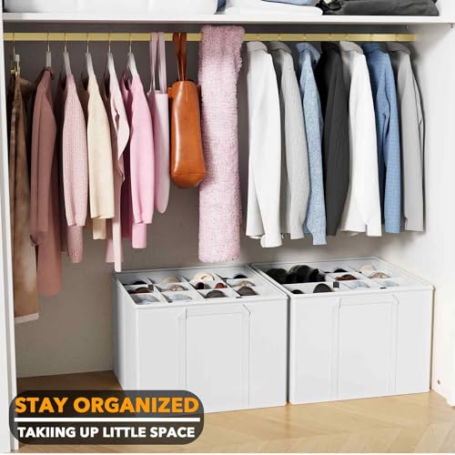 SpaceAid Shoe Organizer for Closet, 2 Pack Foldable Shoe Storage Containers Baskets Boxes Bins w/Adjustable Dividers, Fits 16-32 Pairs, White - color: White