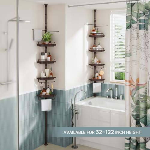 Corner Shower Caddy Tension Pole Brown Shower Caddy 18/8 Stainless Steel Rustproof 4 Tier Adjustable Shower Organizer Bathroom Shelves Storage Rack 32-122inch - color: Brown