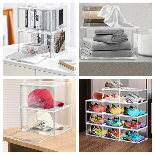 12 Pack Plastic Shoe Storage Boxes Fit US Size 13, Clear Stackable Shoe Display Case with Acrylic Magnetic Side Door, Shoe Containers for Sneaker Storage, Hats, Figure, Collectible - color: Clear, size: M-Large Size 13