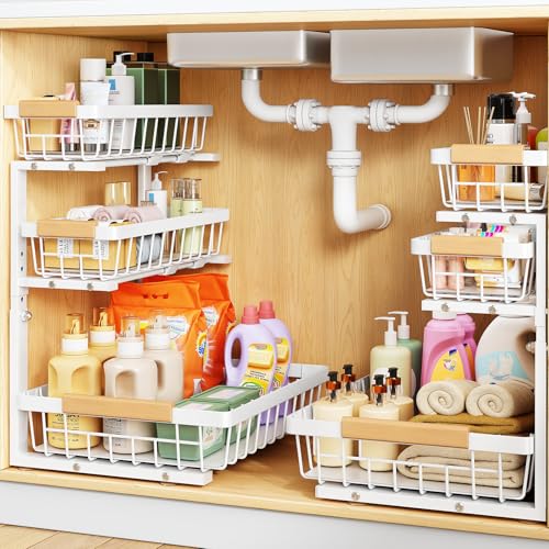 PXRACK Under Sink Organizer, 2-Pack 3-Tier Height Adjustable Thickened Metal Pull out Cabinet Organizer Shelf, Slide out Storage Drawer Rack for Bathroom Kitchen Pantry Home Organization, White - color: White