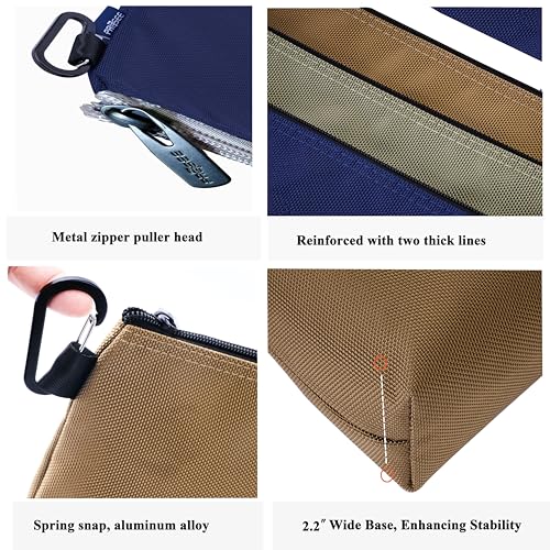 Tool Pouch Zipper Small Tool Bag Pouches Organizer Bag with Metal Carabiner, Nylon 1680D Heavy Duty for Wrenches, Screwdrivers & Office Supplies, Pack of 3, Green, Khaki, Blue, 11 Inch - color: 3 Pack, 11" Blue, 11" Khaki, 11" Green