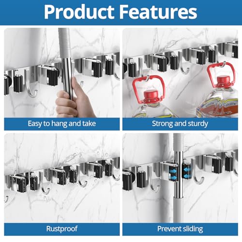 2 Pack Broom Holder Wall Mount Mop and Broom Hanger Broom Organizer Storage Tool Racks Stainless Steel Heavy Duty for Kitchen Garden Laundry Garage (5 Racks with 4 Hooks) - style: 2 PACK