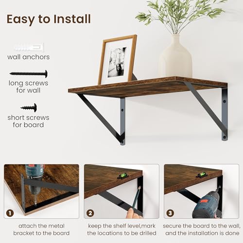 Fun Memories Deep Floating Shelves for Wall, 16W x 8D Wall Mounted Shelves Set of 2, Wide Display Ledge Shelf with Sturdy Metal Brackets for Living Room, Bathroom, Bedroom and Kitchen, Rustic Brown - color: A-rustic Brown, size: 16"W x 8"D
