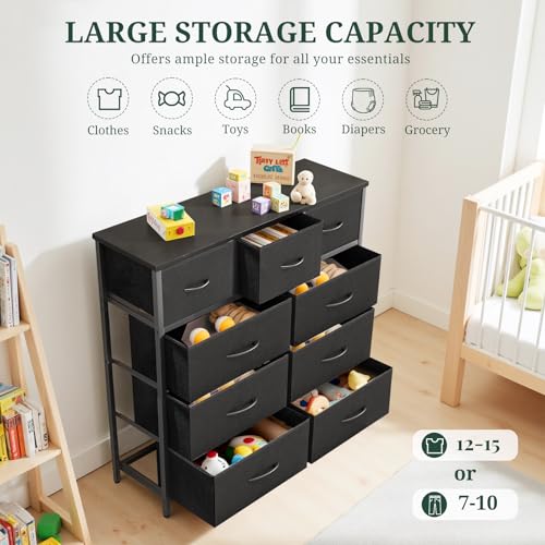9-Drawer Dresser for Bedroom, Anti-Tip Tall Storage Organizer Chest of Drawers with Wooden Top and Metal Frame Fabric Bins for Closet, Living Room, Hallway, Entryway, Black - color: Black, size: 11.8"D x 39.4"W x 40"H (9 Drawers)