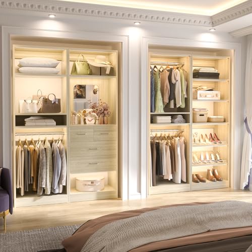 Unikito 50” Closet System with 4 Drawers, 4.2FT Wood Closet Organizer with Hanging Rod and Mirror, Reversible Small Walk in Closets Wardrobe, Adjustable Sturdy Clothes Garment Rack, White Oak - color: White Oak, size: 50 Inch