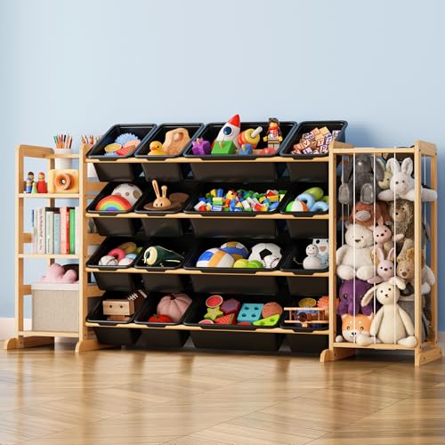 Toy Storage Organizer with Bookshelf and Stuffed Animal Storage - Kids Playroom Organization with Shelves and 16 Toy Bins - Toddler Living Room Toy Box for Lego - Nursery Bedroom Decor Essentials - color: Black, size: 67"W,3 Shelves,16 Bins