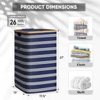 BALEINE Laundry Hamper with Lid, Tall Laundry Baskets with Bamboo Pull Handles, Large Laundry Bin with Internal Support (26 Gal/100L, Blue Pinstripe) - color: Blue Pinstripe, size: 100 liters